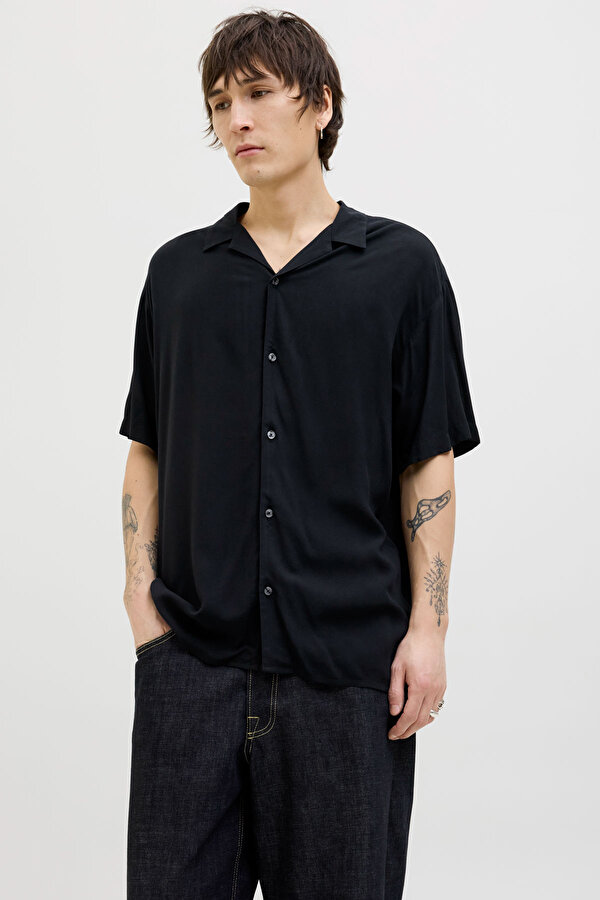 Jack & Jones JJEJEFF SOLID RESORT SHIR Siyah Erkek Uzun Kollu Gömlek