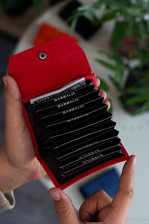 Garbalia Lucas Hakiki Deri Akordiyon Model Bol Gözlü Unisex Kartlık Kırmızı