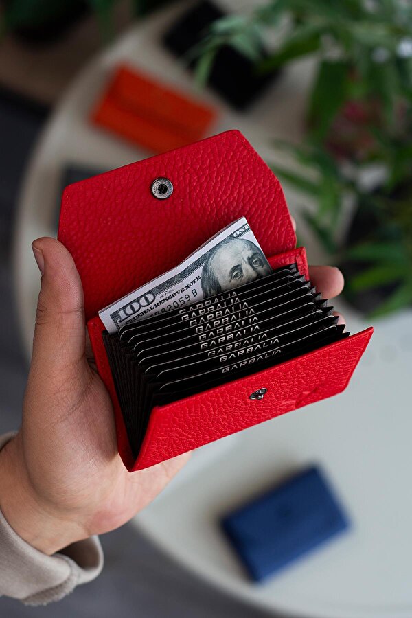 Garbalia Lucas Hakiki Deri Akordiyon Model Bol Gözlü Unisex Kartlık Kırmızı