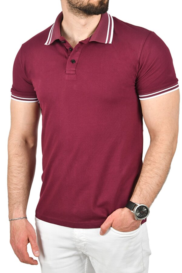 Deep Sea DeepSEA Erkek Bordo Slim Fit Pamuklu Kumaş Polo Yaka Tişört Nefes Alan Dar Kesim Kıvrılmaz Yaka Tişört 2503021