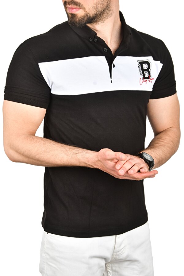 Deep Sea DeepSEA Erkek Siyah Slim Fit Nefes Alan Pamuklu Kumaş Dar Kesim Kıvrılmaz Yaka Polo Yaka Tişört 2503019