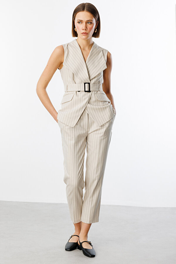 Ekol Kadın Çizgili Dar Paça Pantolon 4052 Bej