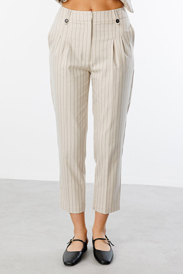 Ekol Kadın Çizgili Dar Paça Pantolon 4052 Bej