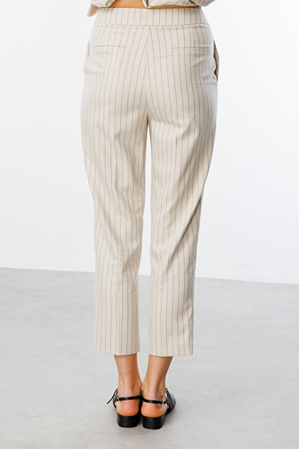 Ekol Kadın Çizgili Dar Paça Pantolon 4052 Bej