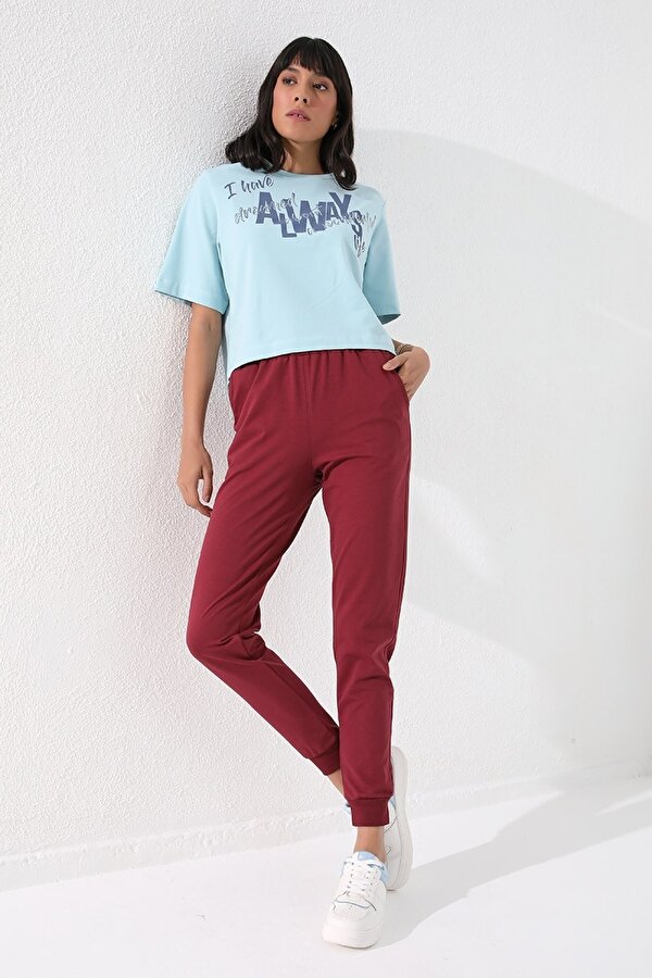TOMMYLIFE Bordo Yüksek Bel Jogger Rahat Form Manşetli Kadın Eşofman Alt - 94561