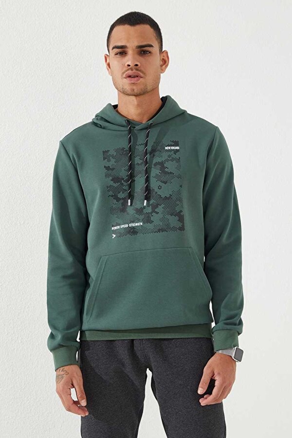 TOMMYLIFE Yeşil Kamuflaj Desen Baskılı Standart Kalıp Kapüşonlu Erkek Sweatshirt - 87884