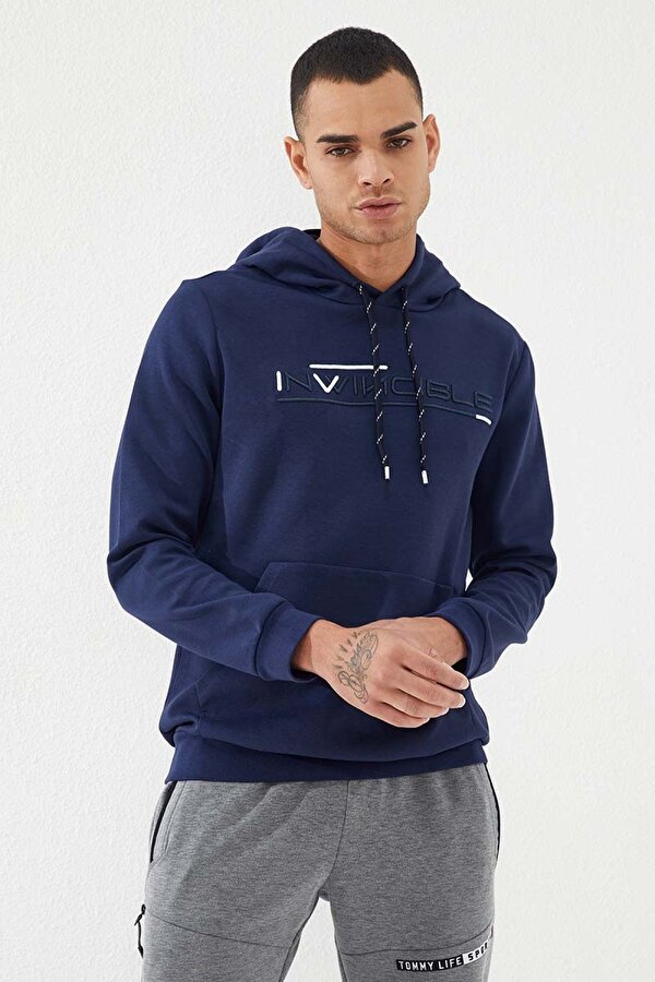 TOMMYLIFE İndigo Kanguru Cep Standart Kalıp Kapüşonlu Erkek Sweatshirt - 87883