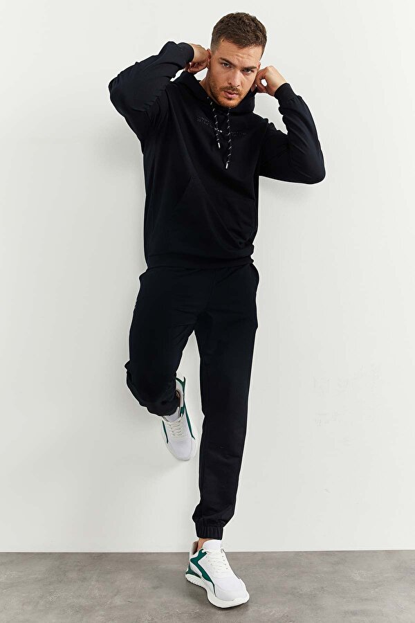 TOMMYLIFE Lacivert Kapüşonlu Kanguru Cep Lastik Paça Erkek Oversize Eşofman Takımı - 85117