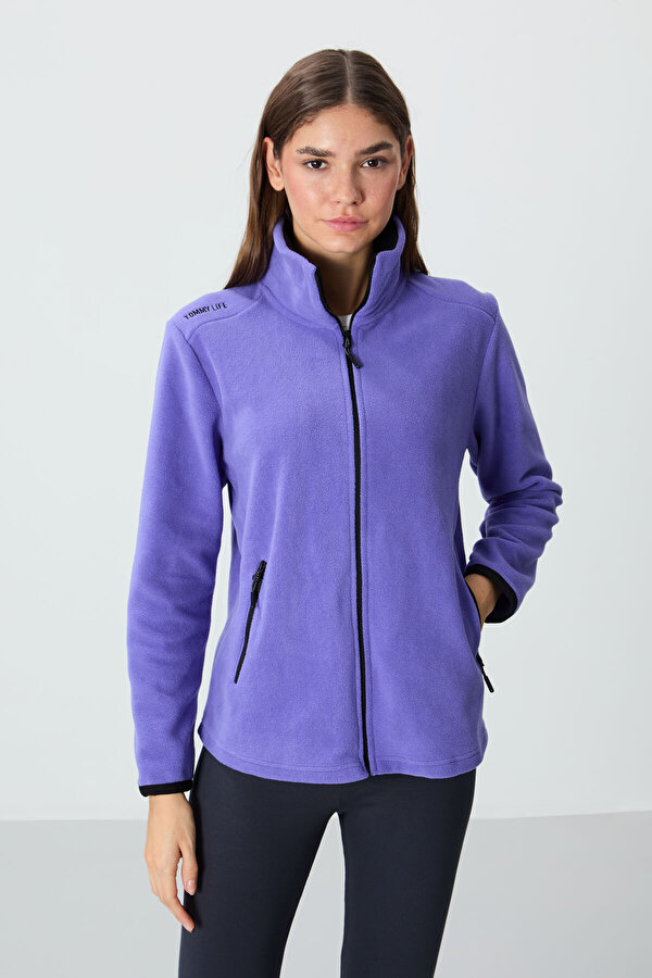 Eflatun Dik Yaka Fermuarlı Rahat Form Kadın Polar Sweatshirt - 97173
