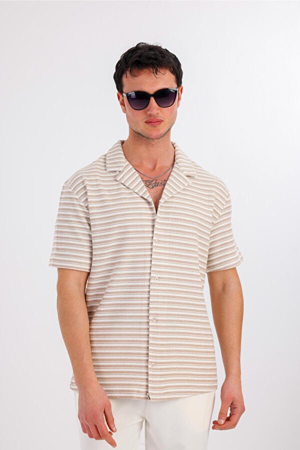 DECAS LUMERIS Kısa Kollu Çizgili Gömlek - Krem