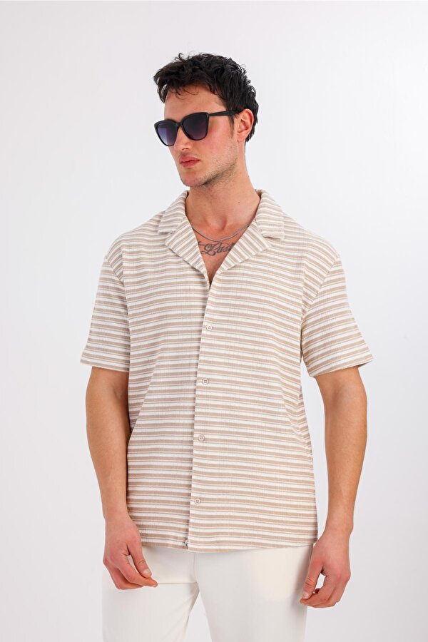 DECAS LUMERIS Kısa Kollu Çizgili Gömlek - Krem
