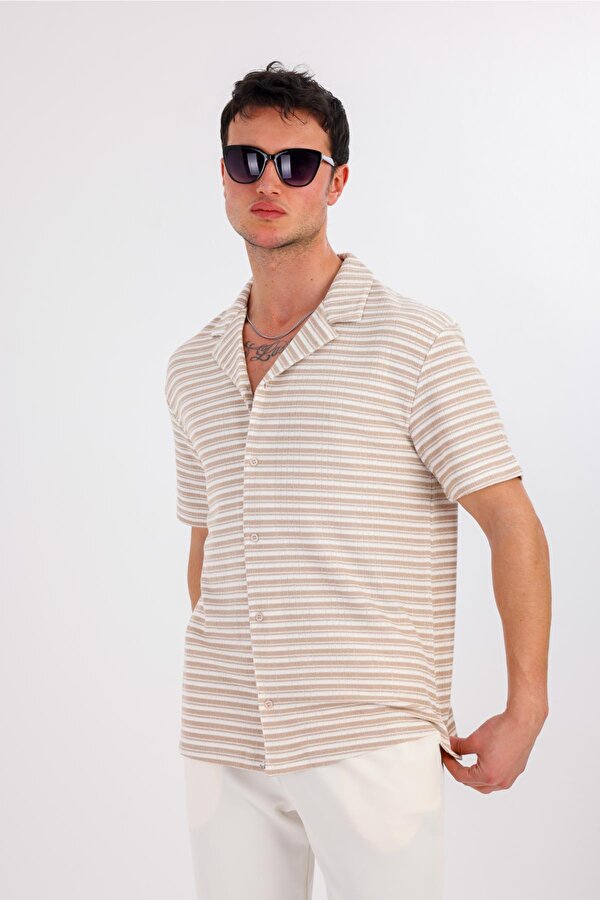DECAS LUMERIS Kısa Kollu Çizgili Gömlek - Krem