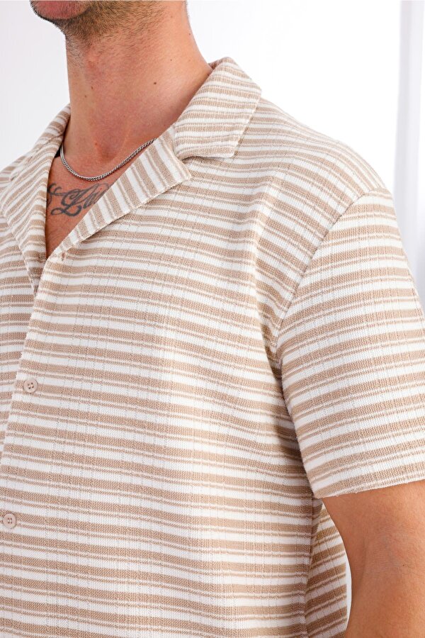 DECAS LUMERIS Kısa Kollu Çizgili Gömlek - Krem