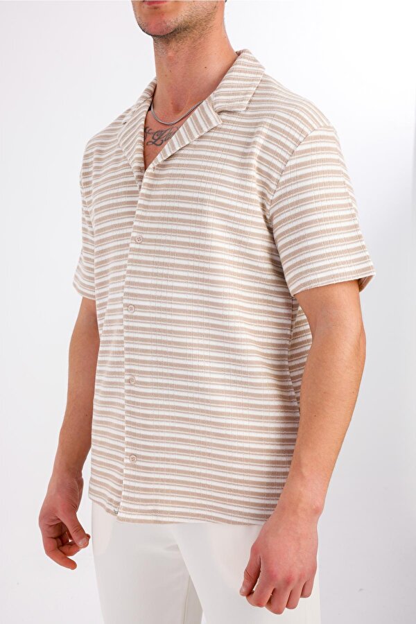 DECAS LUMERIS Kısa Kollu Çizgili Gömlek - Krem