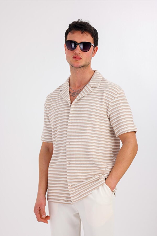DECAS LUMERIS Kısa Kollu Çizgili Gömlek - Krem