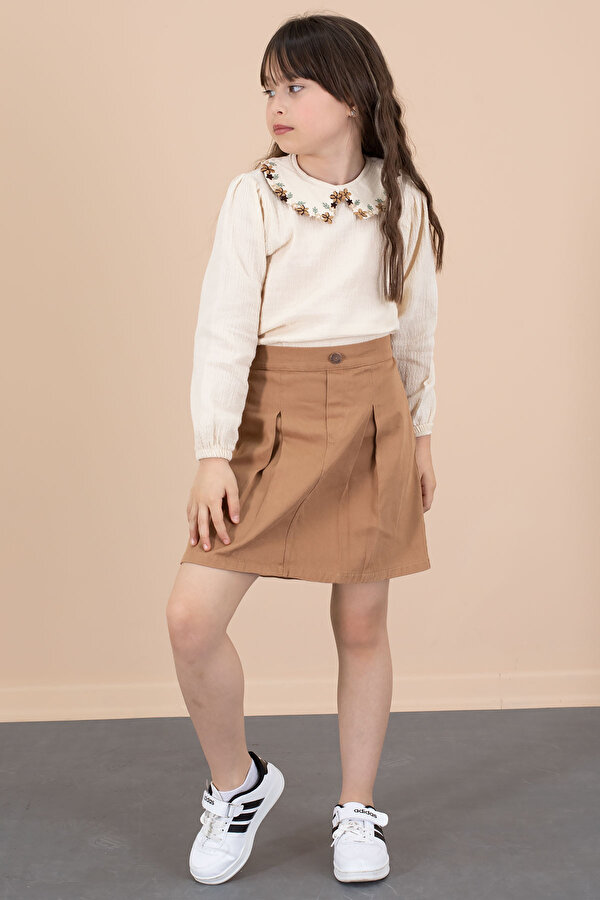 Cansın Mini Kahve Yakası Çiçek Nakışlı Müslin Gömlekli Etekli Kız Çocuk 2li Takım 20674