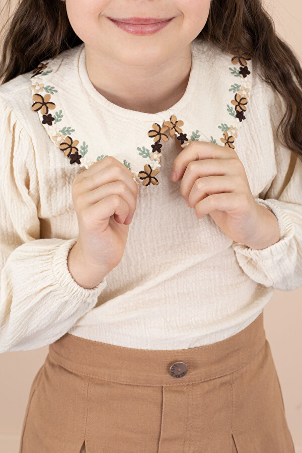 Cansın Mini Kahve Yakası Çiçek Nakışlı Müslin Gömlekli Etekli Kız Çocuk 2li Takım 20674