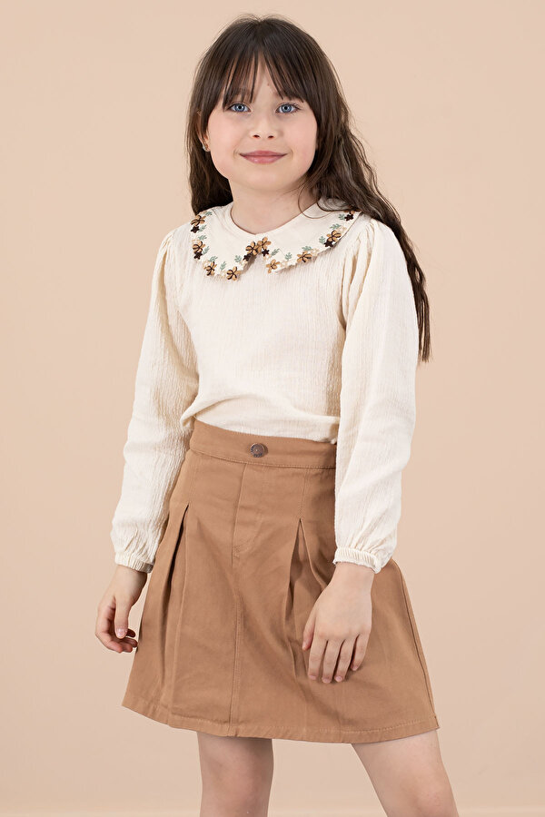 Cansın Mini Kahve Yakası Çiçek Nakışlı Müslin Gömlekli Etekli Kız Çocuk 2li Takım 20674