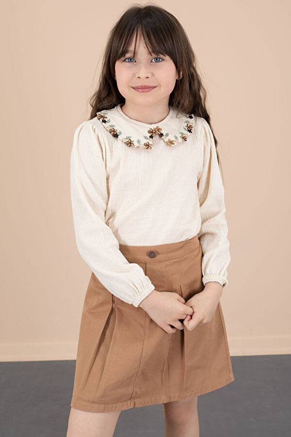 Cansın Mini Kahve Yakası Çiçek Nakışlı Müslin Gömlekli Etekli Kız Çocuk 2li Takım 20674