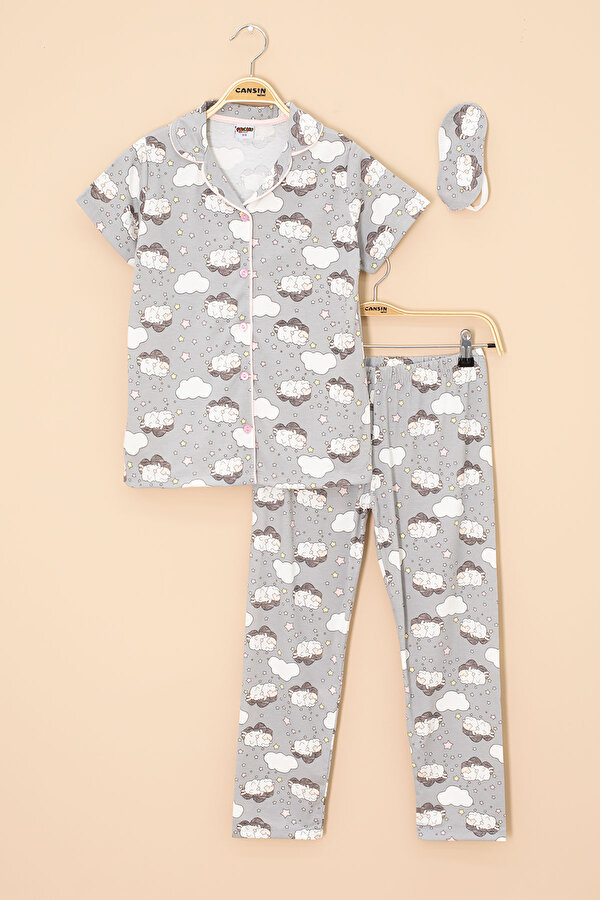 Cansın Mini Gri Kuzu Desenli Kısa Kollu Kız Çocuk Göz Bantlı Pijama Takımı 20594