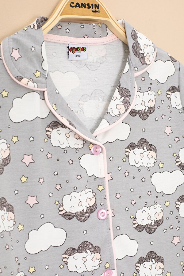 Cansın Mini Gri Kuzu Desenli Kısa Kollu Kız Çocuk Göz Bantlı Pijama Takımı 20594
