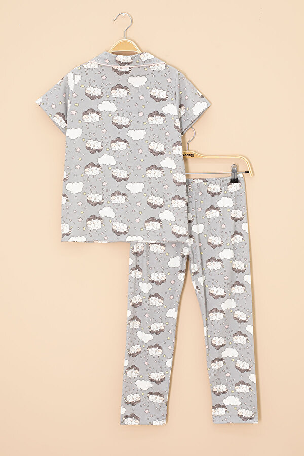 Cansın Mini Gri Kuzu Desenli Kısa Kollu Kız Çocuk Göz Bantlı Pijama Takımı 20594