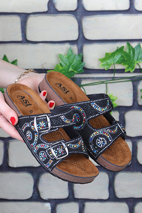 Vojo Circle Ortopedik Taşlı Çift Tokalı Plaj Kadın Terlik