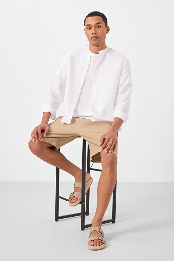 TOMMYLIFE Koyu Bej Standart Fit Dokuma Hafif Esnek Chino Erkek Şort - 81289