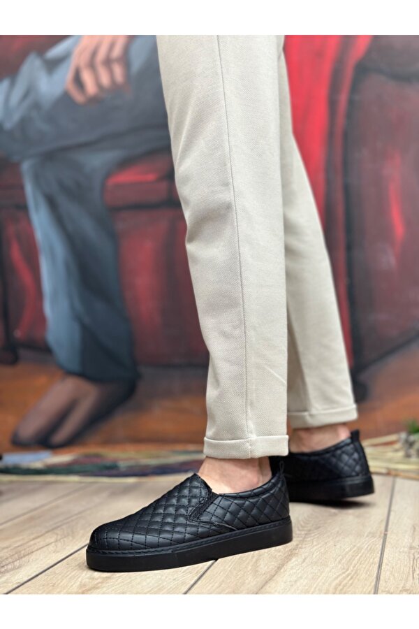 Pabucmarketi Bağcıksız Kapitone Erkek Günlük Ayakkabı SİYAH (SİYAH TABAN)