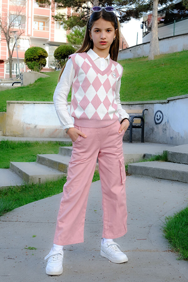 Cansın Mini Pembe Baklava Desenli Süveterli Gömlekli Kız Çocuk 3lü Takım 20534