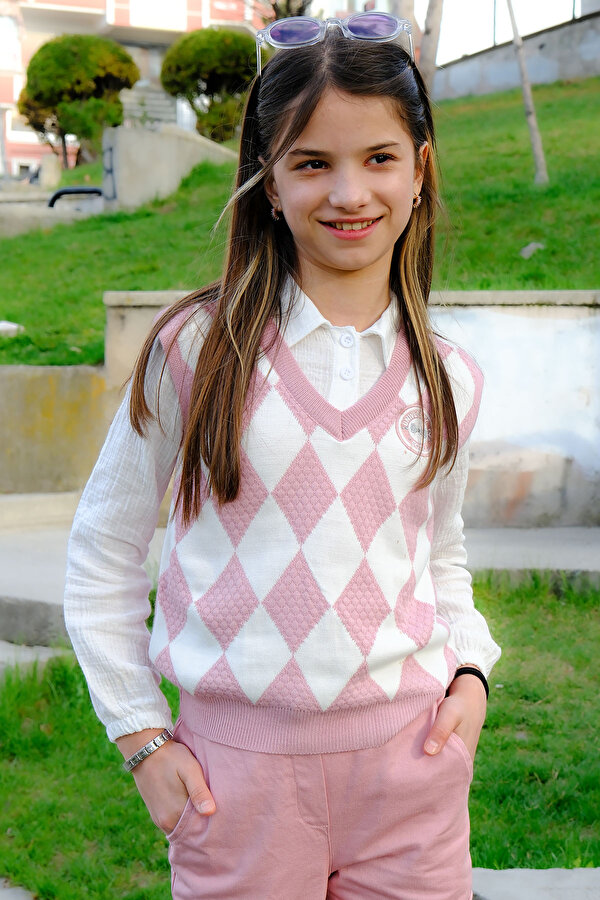 Cansın Mini Pembe Baklava Desenli Süveterli Gömlekli Kız Çocuk 3lü Takım 20534