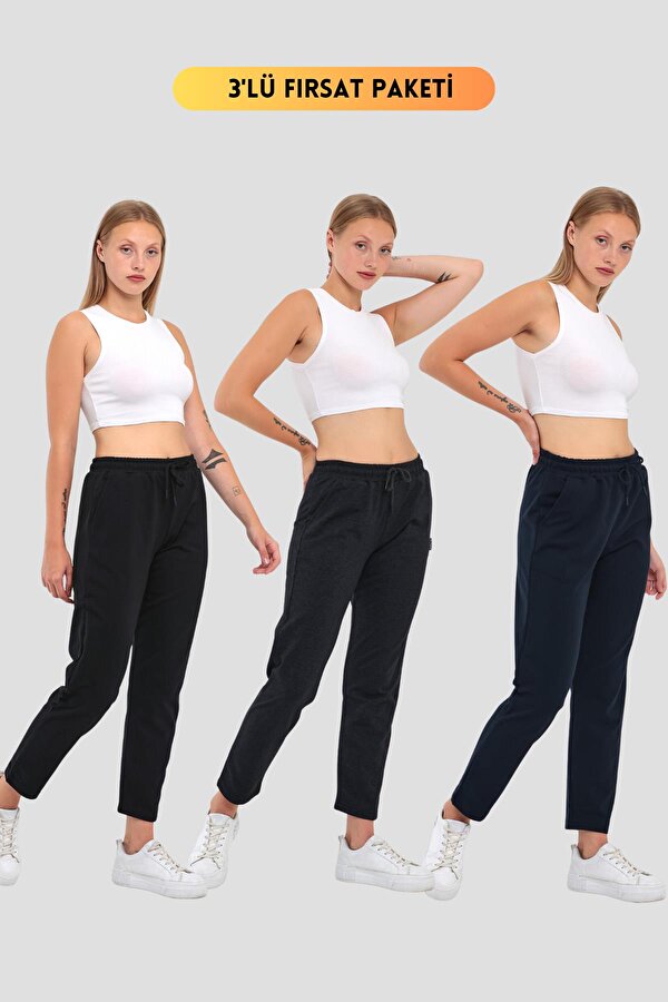 mmetalic 3'lü Kadın Lacivert Klasik Cepli Eşofman Altı