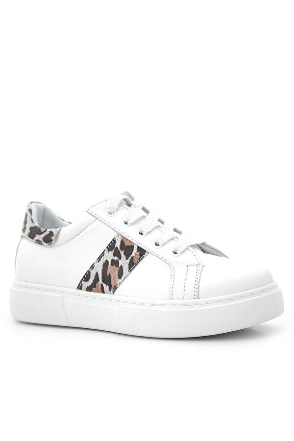 Hapshoe Kids Hakiki Deri Beyaz Bağcıklı Leopar Desenli Kız Çocuk Spor Ayakkabı