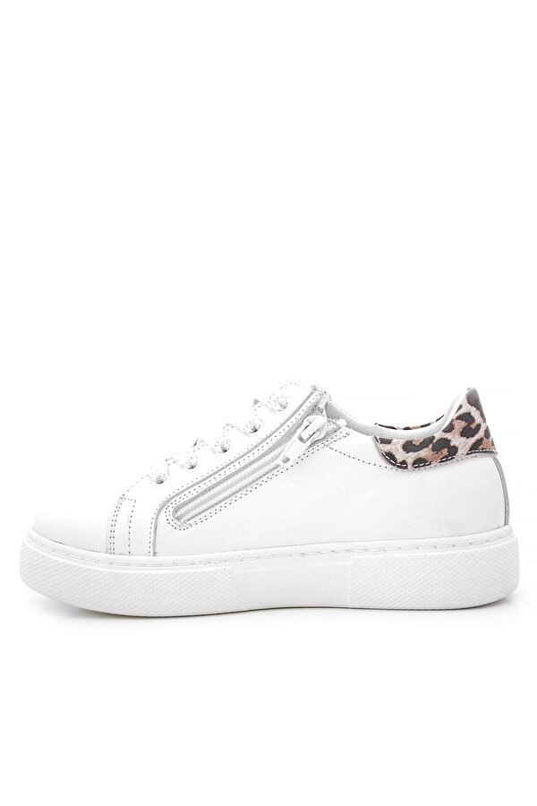 Hapshoe Kids Hakiki Deri Beyaz Bağcıklı Leopar Desenli Kız Çocuk Spor Ayakkabı