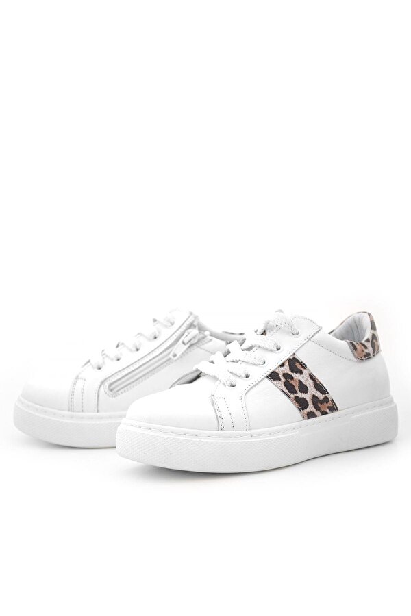 Hapshoe Kids Hakiki Deri Beyaz Bağcıklı Leopar Desenli Kız Çocuk Spor Ayakkabı