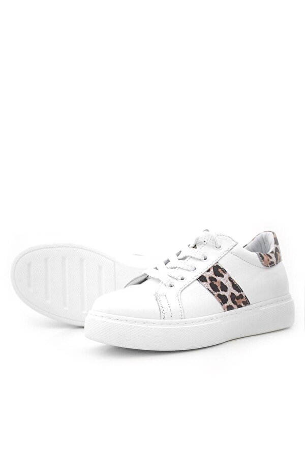 Hapshoe Kids Hakiki Deri Beyaz Bağcıklı Leopar Desenli Kız Çocuk Spor Ayakkabı