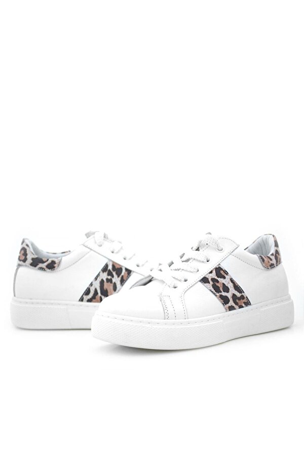 Hapshoe Kids Hakiki Deri Beyaz Bağcıklı Leopar Desenli Kız Çocuk Spor Ayakkabı