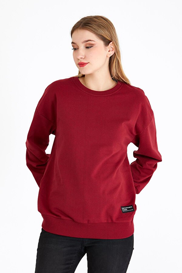 Kadın Bordo Renk Basic Bisiklet Yaka Sweatshirt
