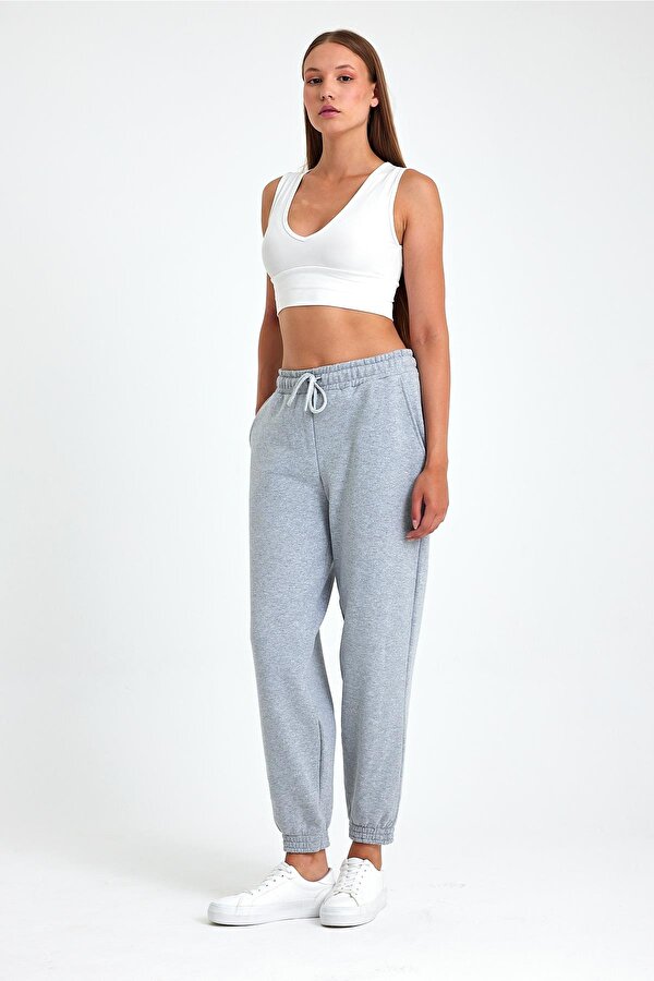 mmetalic Kadın Gri Pamuklu Kalın Paçası Lastikli Yüksek Bel Rahat Jogger Eşofman Altı