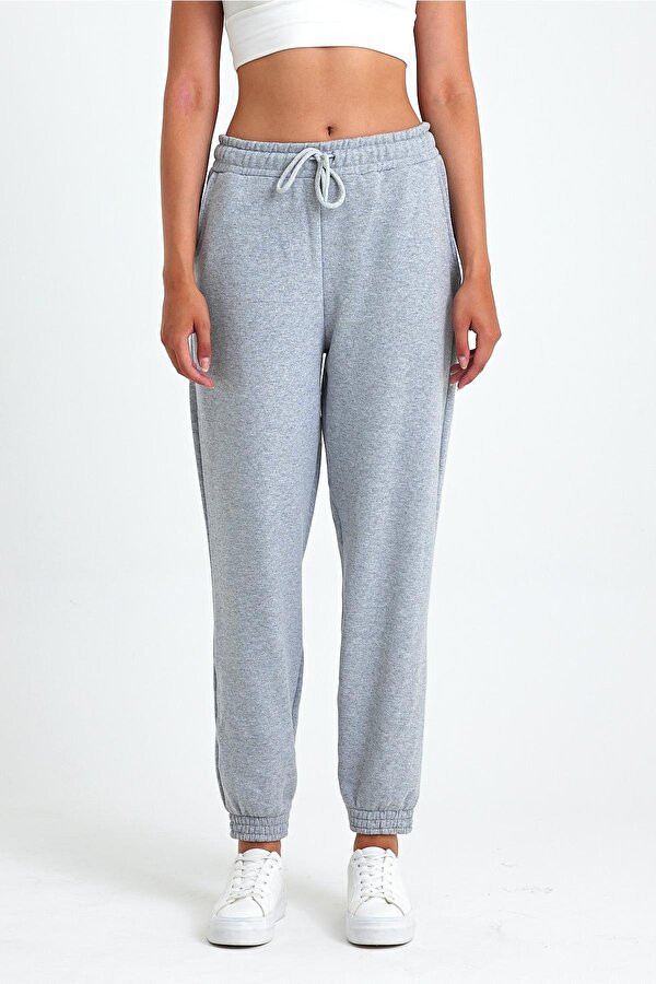 mmetalic Kadın Gri Pamuklu Kalın Paçası Lastikli Yüksek Bel Rahat Jogger Eşofman Altı