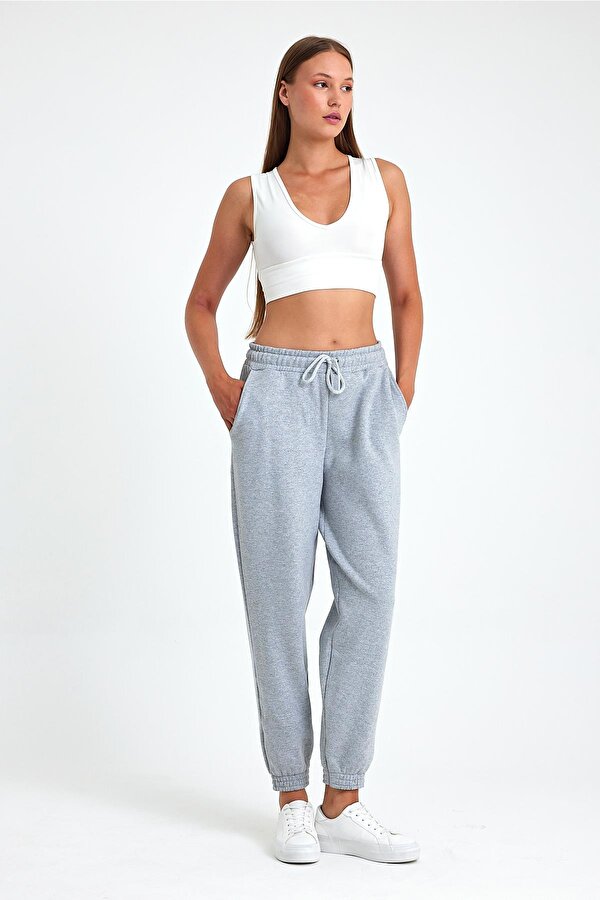 mmetalic Kadın Gri Pamuklu Kalın Paçası Lastikli Yüksek Bel Rahat Jogger Eşofman Altı