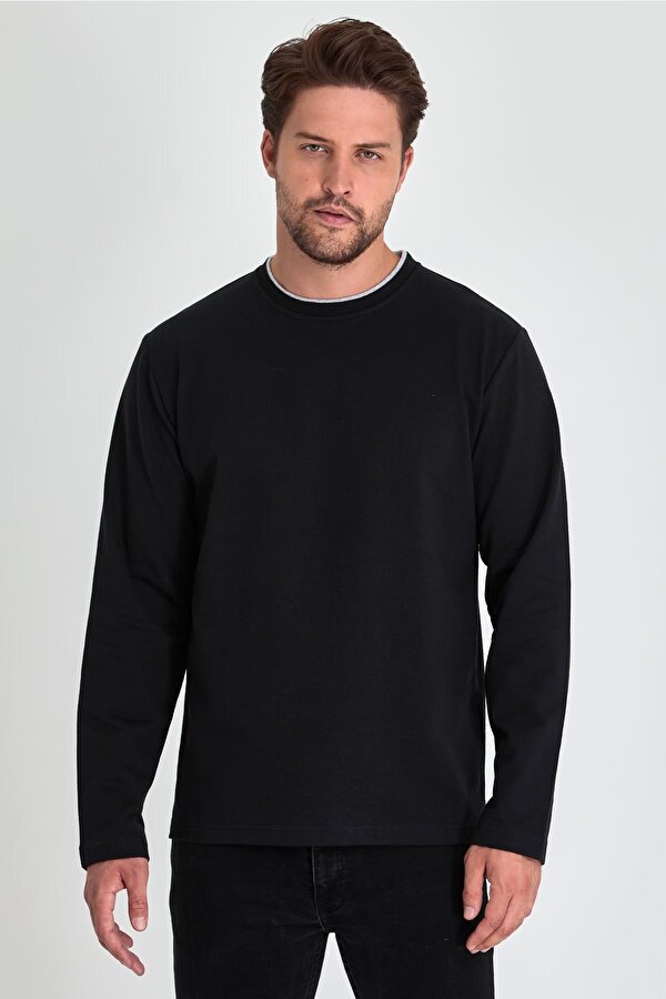 mmetalic Erkek Siyah Çift Bisiklet Yaka Standart Rahat Kesim Sweatshirt MTLCE68-SİYAH