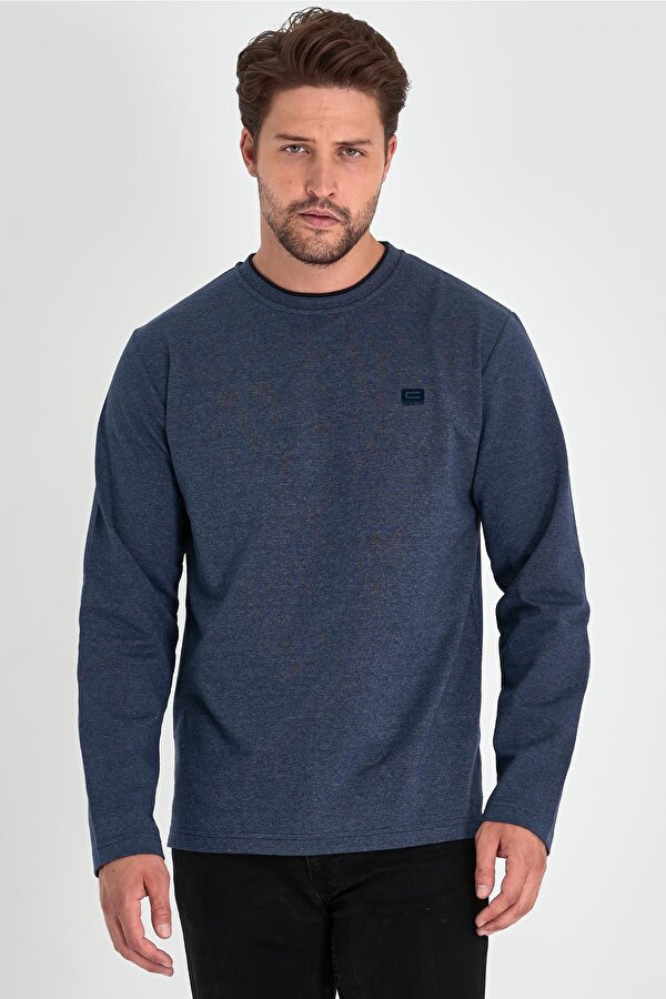 mmetalic Erkek İndigo Çift Bisiklet Yaka Baskı Detaylı Standart Rahat Kesim Sweatshirt
