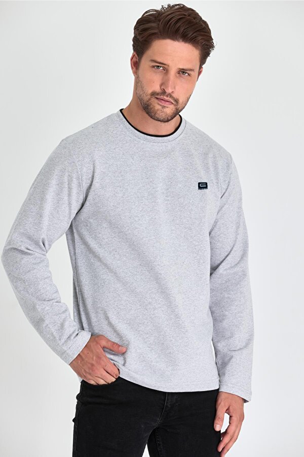 mmetalic Erkek Gri Çift Bisiklet Yaka Baskı Detaylı Standart Rahat Kesim Sweatshirt