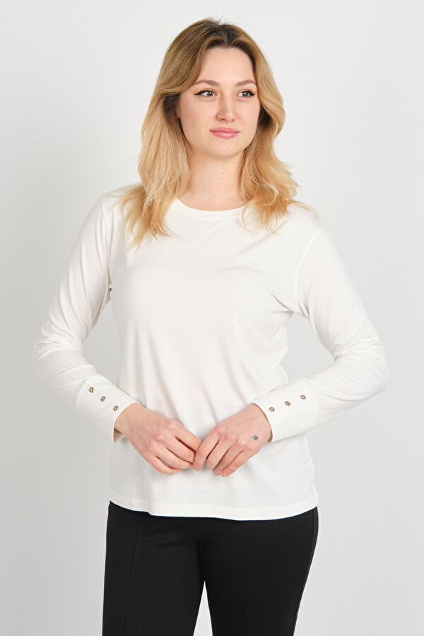Sistas Kadın Bisiklet Yaka Kolları ve Sırtı Süs Düğmeli Yandan Yırtmaçlı Bluz 24508 Ekru