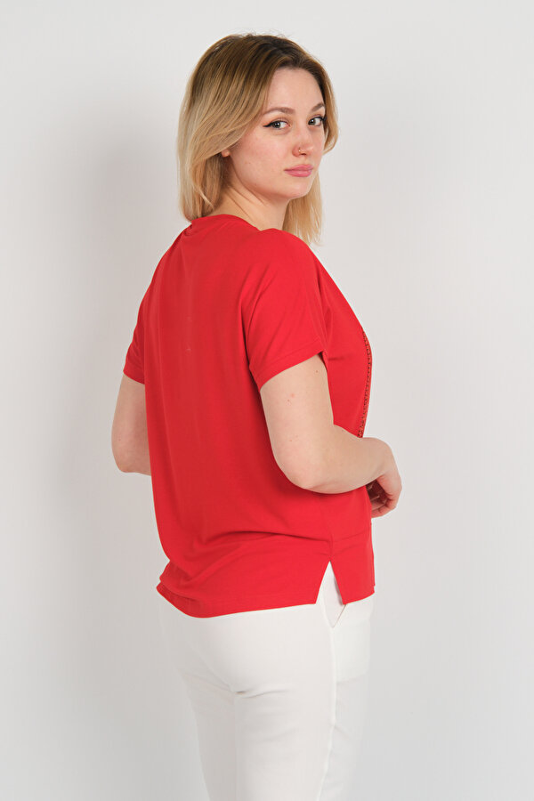 Sistas Kadın Desenli ve File Detaylı Önü Kısa Arkası Uzun Bluz 24291 Kırmızı