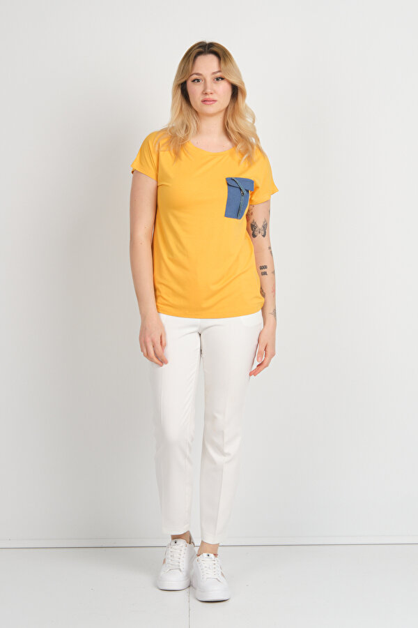 Sistas Kadın Düşük Kol Tek Cep Detaylı Bisiklet Yaka Bluz 24107 Sarı