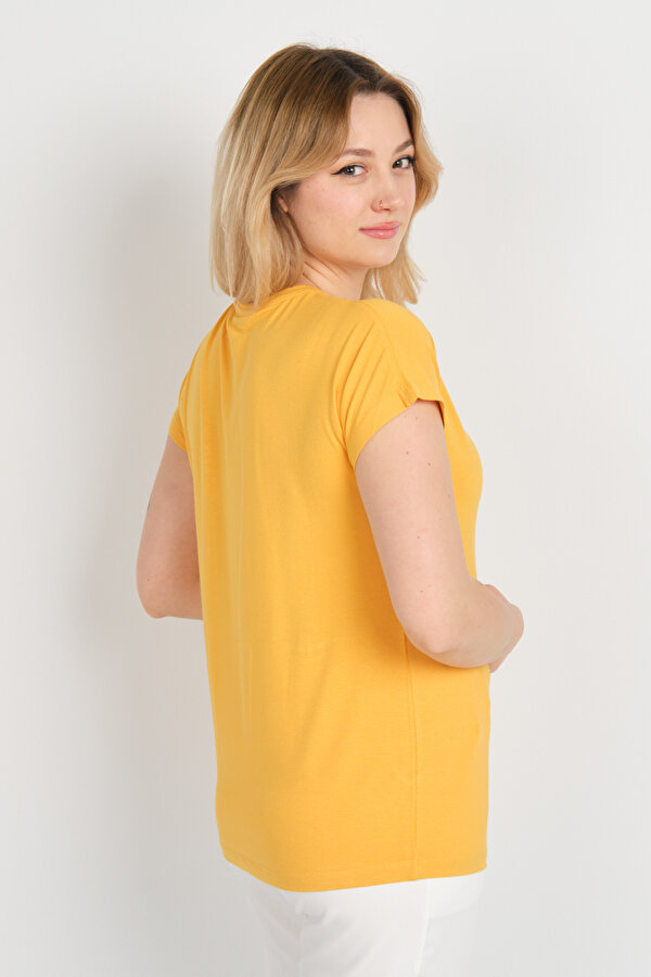 Sistas Kadın Düşük Kol Tek Cep Detaylı Bisiklet Yaka Bluz 24107 Sarı