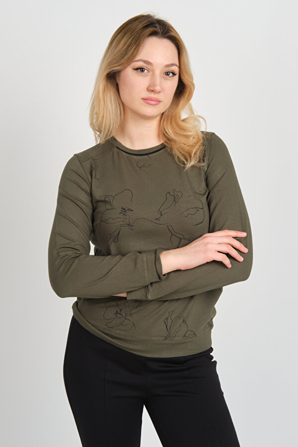 Sistas Kadın Desenli Bisiklet Yaka Uzun Kol Bluz 24611 Haki