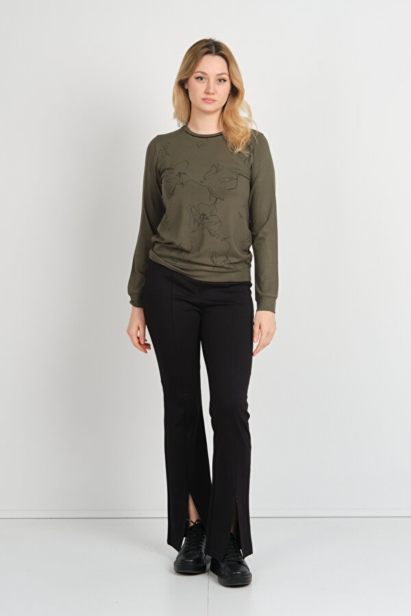 Sistas Kadın Desenli Bisiklet Yaka Uzun Kol Bluz 24611 Haki